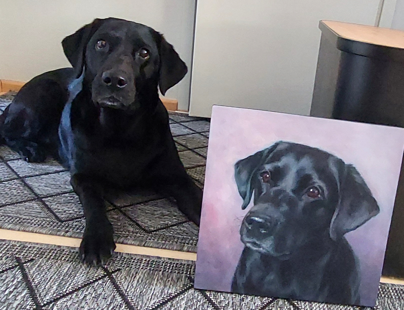 A labrador retriever called Myy is posing with her oil portrait